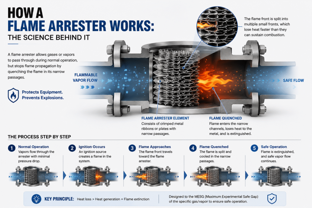 Flame arrester working principle showing flame quenching through narrow passages